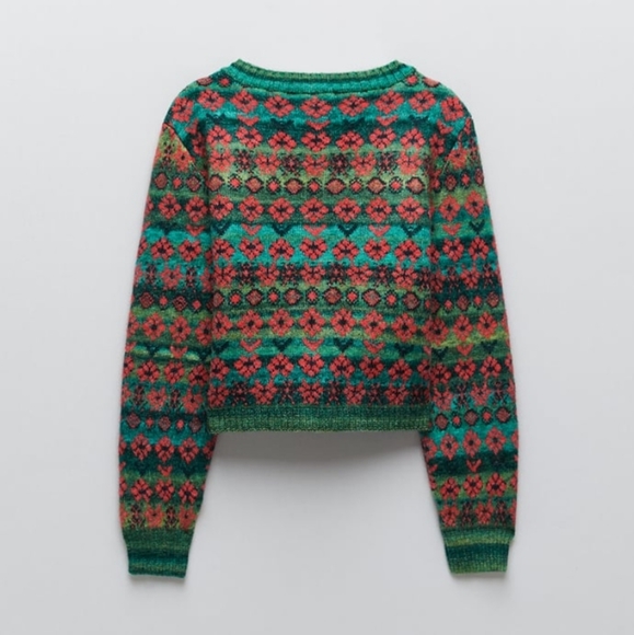 NWT Zara Floral Jacquard Knit Cropped Long Sleeve Button Front Cardigan - Picture 2 of 12